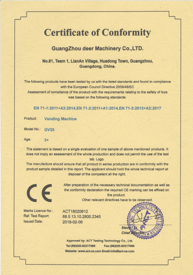China Guangzhou Deer Machinery Co., Ltd. Certificações